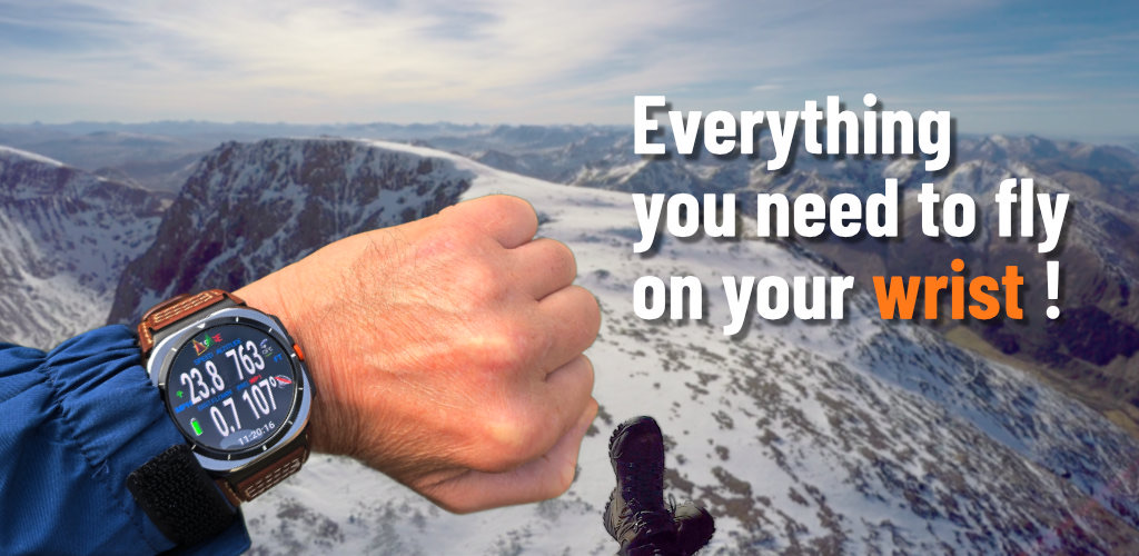 A pilot's wrist wearing a watch running StuFly above snowy Scottish mountains, with the words: Everything you need to fly on your wrist!