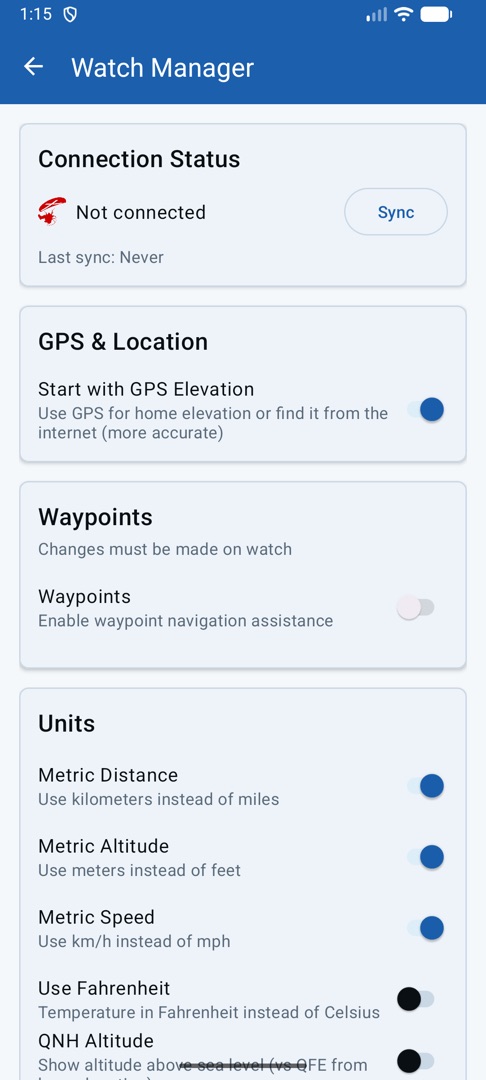 Watch Manager screen with connection status, GPS, waypoint and unit settings