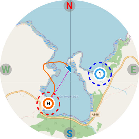 Moving map near Torridon showing the flight track in orange, home marker H and waypoint 1