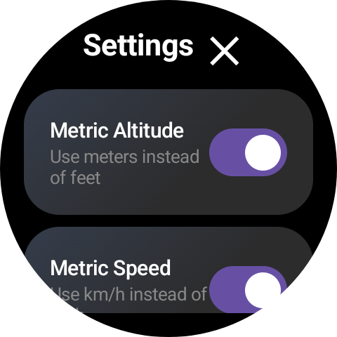 Watch settings list with Metric Altitude and Metric Speed switched on